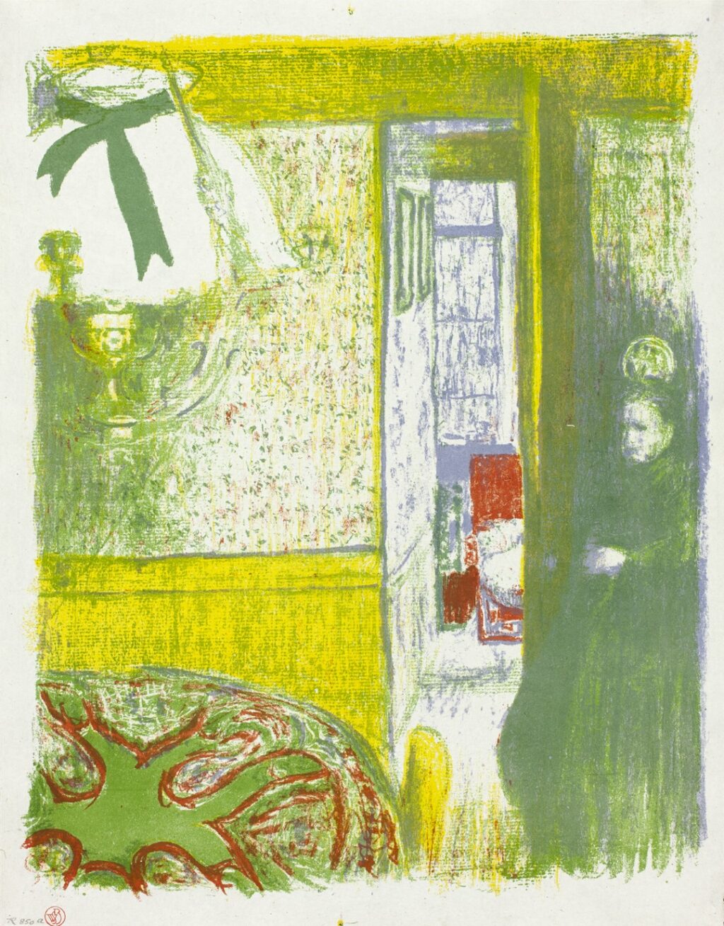 2. Edouard Vuillard, Interior with Hanging Lamp. The view in this lithograph is a dining room scene made of yellow, green, red and purple inks. There is a ceiling lamp in the upper left corner that is very prominent. It has a bright white bell shaped glass shade with a black ribbon tied around the smallest part at the top that drapes down the shade. Some of the metal hardware is also depicted, the hardware from above and the half circle lamp portion below the shade. The light is illuminating a portion of the room, the center of the lithograph. On the walls in the dining room is yellow wainscoting and white wallpaper with a small print. In the lower left is a green tablecloth with some red lines creating a decorative table linen. There is an open door leading to another room that has some undecipherable things in it that are purple (maybe windows) and something red with white (maybe a chair with a blanket). On the far right of the lithograph, on the other side of the open door is a woman in the shadows. All you can see of her is her white face and hand as her dark green dress blends into the walls. She is looking directly at the viewer.