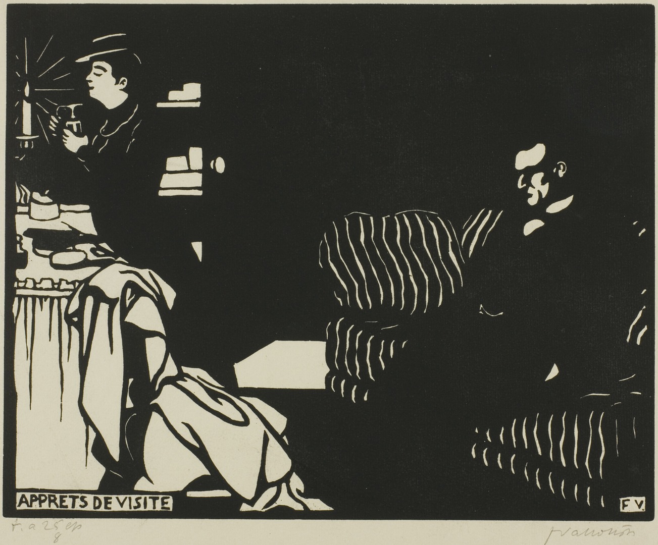 3. Felix Vallotton, Getting Ready for a Visit. A black and cream landscape print of two contrasting figures set at either end of the work. At left a woman is turned in profile spaying perfume on herself in front of a bright candle. Her face and hands are cream as well as the details of her black hat and dress. She stands at a cream skirted dressing table strewn with a brush, mirror, and other items. A discarded cream garment lays over a chair in the foreground. Across the black expanse of the background, a man sits on a cream striped black sofa at far right. Most of his figure is black. His face, collar and shirt front, watch chain and a bit of his hand are discernable in cream highlights. His head is slightly bowed, and he appears to grimace. His hand is shoved in his pocket. At lower left a cream box with the black words “Apprets De Visite” appears. At lower right are the black initials “FV” in a black box. The artist’s signature is in pencil at lower right.