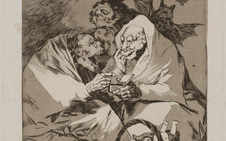1. Mucho hay que chupar (There is plenty to suck), plate 45 from the series Los Caprichos, 1799, etching, plate: 8 1/16 in x 5 7/8 in; sheet: 11 5/8 in x 7 11/16 in. Three ghouls or goblins huddle together over a basket of infants. The ghouls have grotesque faces with exaggerated gaping mouths, sunken eyes, and gnarled hands. They are draped in light colored fabric while gesturing to a small box or open book in their hand. At their feet is a handled basket filled with what appears to be small babies. Two bats appear over their shoulders at right. Wings are outstretched in flight. Shadows at left balance the scene. “Mucho hay que chupar” appears along the bottom.