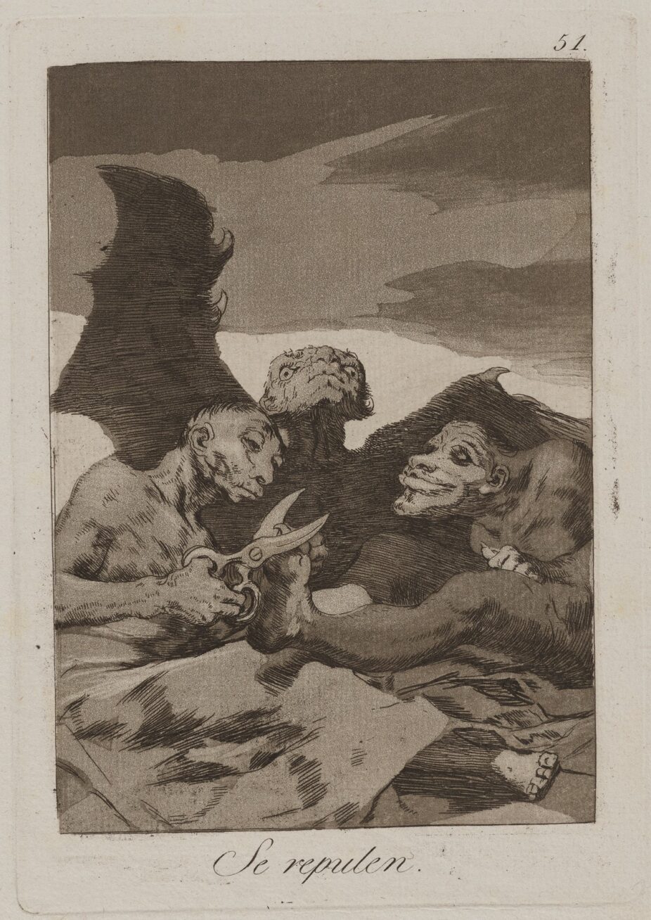 2. Se Repulen (They Spruce Themselves Up), plate 51 from the series Los Caprichos, 1799, etching, plate: 8 5/16 in x 5 13/16 in; sheet: 11 11/16 in x 7 5/8 in. Three goblins sit entwined horizontally, the one at far left carefully clipping the one at right’s left toenail with large scissors. The middle goblin is winged and in the shadows.