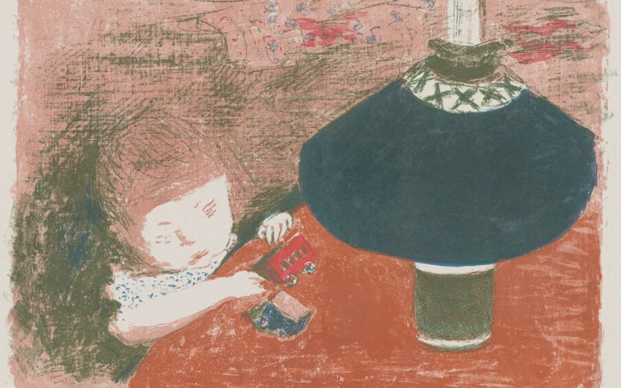 Image descriptions: 1. Pierre Bonnard, Child with Lamp. Lithograph on cream paper of a young child playing with toys on a small red table with a lamp. The background consists of of a rose pink color with dark brownish green hatched lines. The light-skinned child with rose pink hair is wearing a white shirt with blue dots. The child grasps the edge of the table with their left hand and rests their right arm on top of the table. The child’s head is tilted to the right and faint, loose brown lines make up the child’s facial features. The child holds red and blue toy stagecoaches. The lamp in front of the child has a dark green cylindrical base and a large dark blue shade that has a cream strip on top with a repeated pattern of dark blue x’s. A round dark green fixture holds the shade at the top and a white pole extends up out of the shade. Red and blue organic lines radiate from the white pole layered over the rose background.