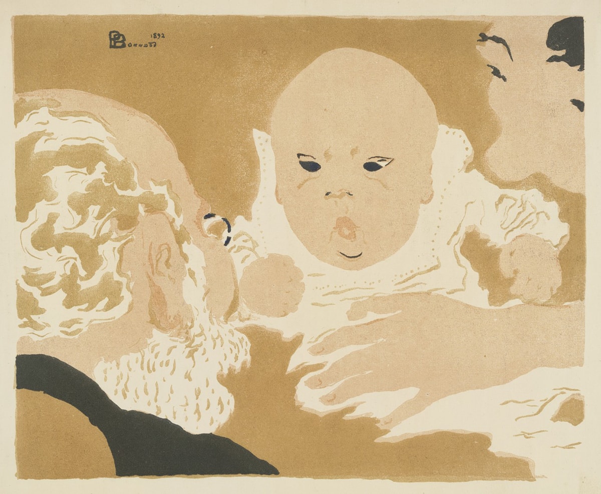 Image description: Family Scene. Pierre Bonnard. 1892. Color lithograph on paper. Image: 21.7 x 26. 7cm; Sheet: 27.9 x 39.6 cm. This lithograph features a tightly cropped view of three members of the artist’s family: his father, his sister, and between the two, the infant grandson. Against a flat tan background, the older man on the left appears in partial profile with just one ear and part of one eyeglass lens visible. His curling white and beige hair, which grows at the side of his bald head, trails out of the frame. His thick white beard adds texture to the print, in contrast to the flat black and tan clothing that is barely visible in the lower left-hand corner. The baby is the main focus of the piece. His round, hairless head has upward slanting almond-shaped eyes, a pug nose, and a mouth opened in a small “O.” Both chubby hands are curled in fists and his white swaddling gown encircles his head from the level of the eyes and continues flowing downward and off to the right side. The baby’s mother grips him with her left hand. Only her outstretched arm and part of her head are shown along the right side of the piece with the rest of her body disappearing out of the frame. Her head, filling the upper right corner of the print, shows both eyes, her nose, and a lock of hair rendered in heavy black paint.