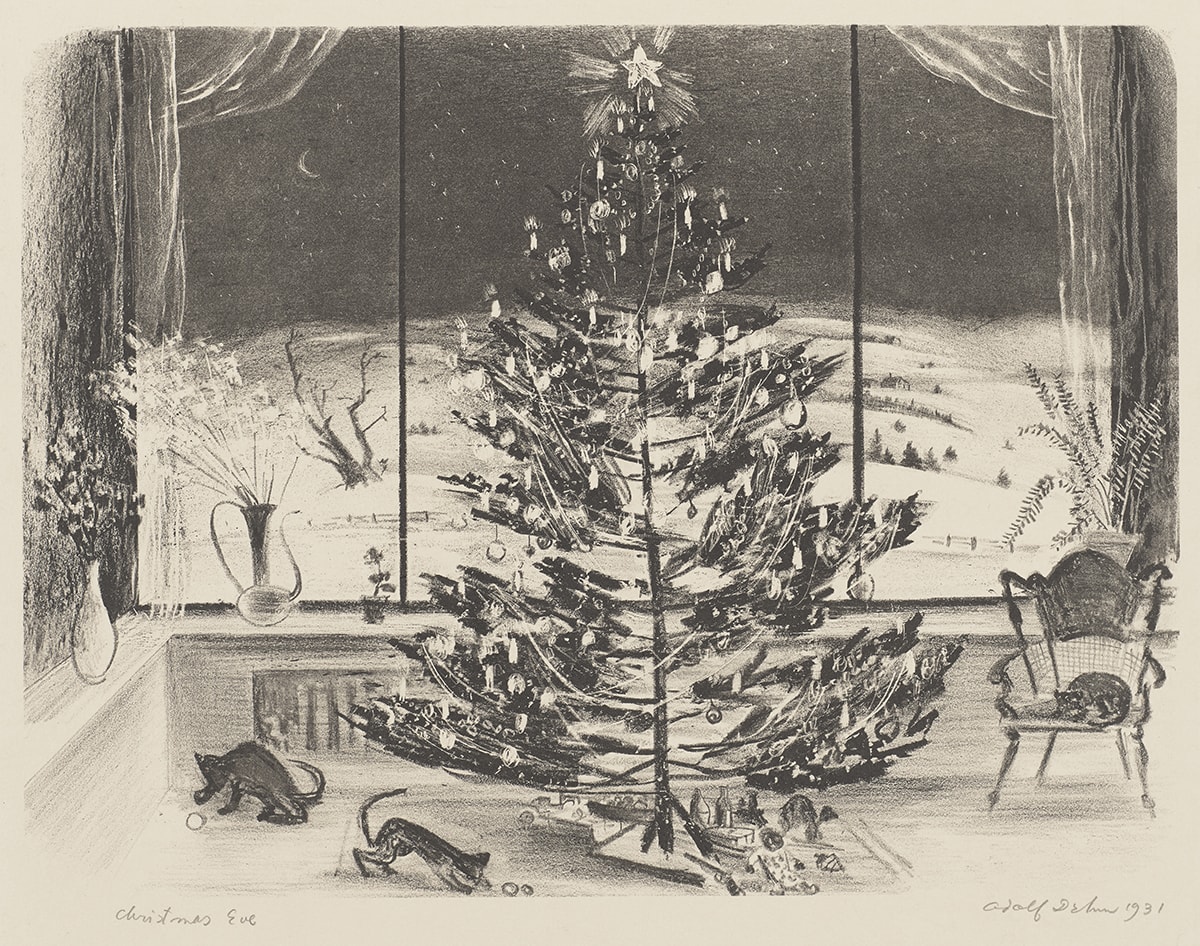 Image description: Christmas Eve, Adolph Dehn, lithograph on cream wove paper, image: 8 5/8 x 11 1/4 inches; sheet: 12 1/2 x 18 1/8 inches. A lithograph in tones of charcoal gray on cream paper shows a decorated Christmas tree in an interior setting before a large window with a snowy outdoor scene. The tree is centered in front of the large picture window and has branches covered with ornaments, garlands, and lights and topped with a bright star. Near the tree’s trunk, branches are sparse but become full and bushy as they radiate outward. Below the tree are a few toys: a truck, a doll, a toy gun and a spinning top, among others. At lower left two small, dark cats play with fallen ornaments. At lower right, another cat naps in a carved chair. Behind the tree is a large window, divided in thirds, revealing a snowy, countryside scene under a dark, star filled sky. A tiny crescent moon appears in the sky at upper left. At center left, a large bare tree displays spiky branches, while at right smaller evergreen trees cluster near distant homes amid snow covered hills. The window scene is framed on either side by filmy sheer curtains and a wide window ledge runs beneath it holding two flower filled vases and left and a potted fern at right.