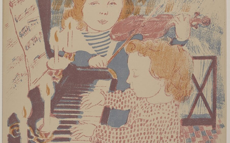 Image description: Maurice Denis. Color lithograph on tan paper. Image/sheet: 13 13/16 in x 10 3/4 in. A colorful cover of sheet music collection. A young child plays the piano, reading the music by candlelight. At the end of the piano another child plays a violin. Blue letters at the top read “Concerts du petit frère et de la petite soeur”. Blue letters at the bottom left read “par André Rossicnol”. The piano is dark brown and the sheet music has red and black notes. Four canceles extend over the keys on rose and gold colored candle holders. The young pianist has wavy, chin-length blondish brown hair, light skin, is outlined in red, and is wearing a light colored long-sleeve dress with red polka dots. The child plays and looks down at their fingers. The young violinist has long wavy blondish brown hair with a red bow above the right ear. They are wearing a blue and white striped shirt with a large white color and solid blue body. They are outlined in the same red that makes up their violin. They play while looking up at the sheet music on the piano. The background consists of layers of blue and orange groups of short lines. Part of a divider or door is seen to the right, consisting of a red wooden frame with an x in the middle and sheer fabric. The floor consists of red, blue, and cream checkered tiles.