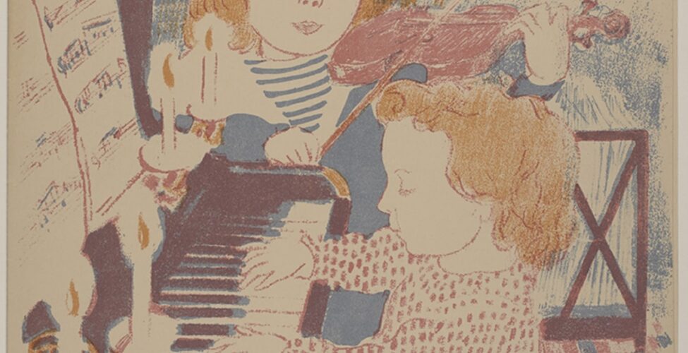 Image description: Maurice Denis. Color lithograph on tan paper. Image/sheet: 13 13/16 in x 10 3/4 in. A colorful cover of sheet music collection. A young child plays the piano, reading the music by candlelight. At the end of the piano another child plays a violin. Blue letters at the top read “Concerts du petit frère et de la petite soeur”. Blue letters at the bottom left read “par André Rossicnol”. The piano is dark brown and the sheet music has red and black notes. Four canceles extend over the keys on rose and gold colored candle holders. The young pianist has wavy, chin-length blondish brown hair, light skin, is outlined in red, and is wearing a light colored long-sleeve dress with red polka dots. The child plays and looks down at their fingers. The young violinist has long wavy blondish brown hair with a red bow above the right ear. They are wearing a blue and white striped shirt with a large white color and solid blue body. They are outlined in the same red that makes up their violin. They play while looking up at the sheet music on the piano. The background consists of layers of blue and orange groups of short lines. Part of a divider or door is seen to the right, consisting of a red wooden frame with an x in the middle and sheer fabric. The floor consists of red, blue, and cream checkered tiles.