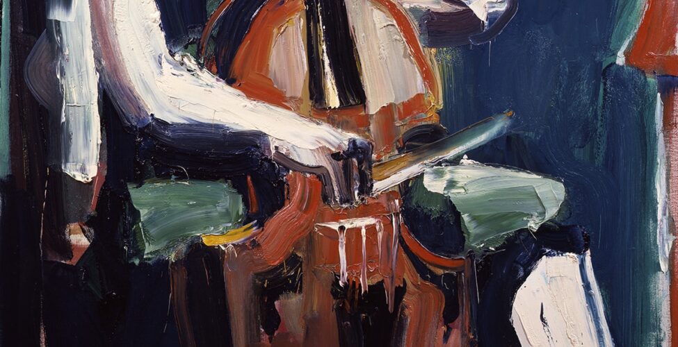 Image descriptions: The Cellist, David Park, 1959, 56 in x 56 in, oil on canvas. 1. A detail of the figure’s right hand gently grasping a bow as it plays a cello. The brushstrokes are wide, generously applied, in strokes of burnt sienna, sage, black, navy, white, and yellow. 2. An overall shot of a square oil painting of an abstracted seated figure playing a cello, rendered in thick impasto-like brushstrokes that just come together to render the scene. The figure is comprised of mostly white brushstrokes and their clothing is black, against a background of sage, orange, cadmium red, dabs of yellow, blue, and navy. The figure's eyes are downcast playing the cello, left arm grasping the cello’s neck and right arm holding the bow. The figure recedes into the background at moments.