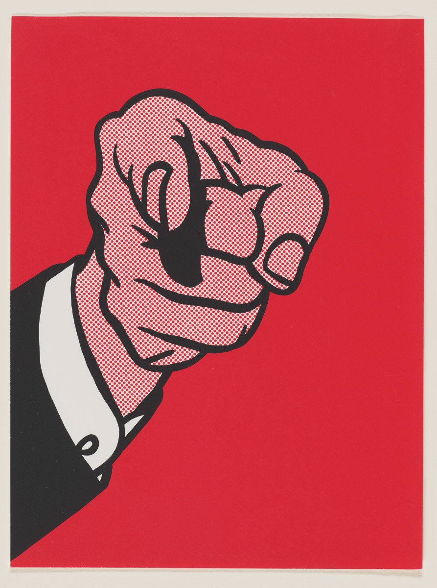 Roy Lichtenstein (American, 1923-1997), Finger Pointing, from The New York Collection for Stockholm portfolio, 1973, screenprint on smooth, white wove paper, sheet: 12 in x 9 in, Gift of Robert Rauschenberg. Portland Art Museum, Portland, Oregon, 76.32.15
