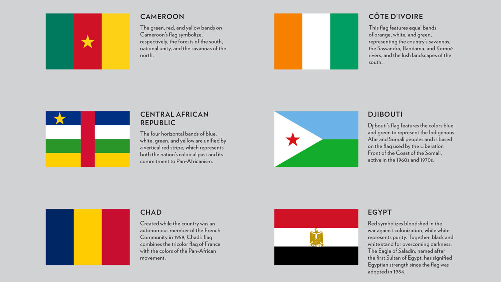 Images of six African flags and written descriptions of them