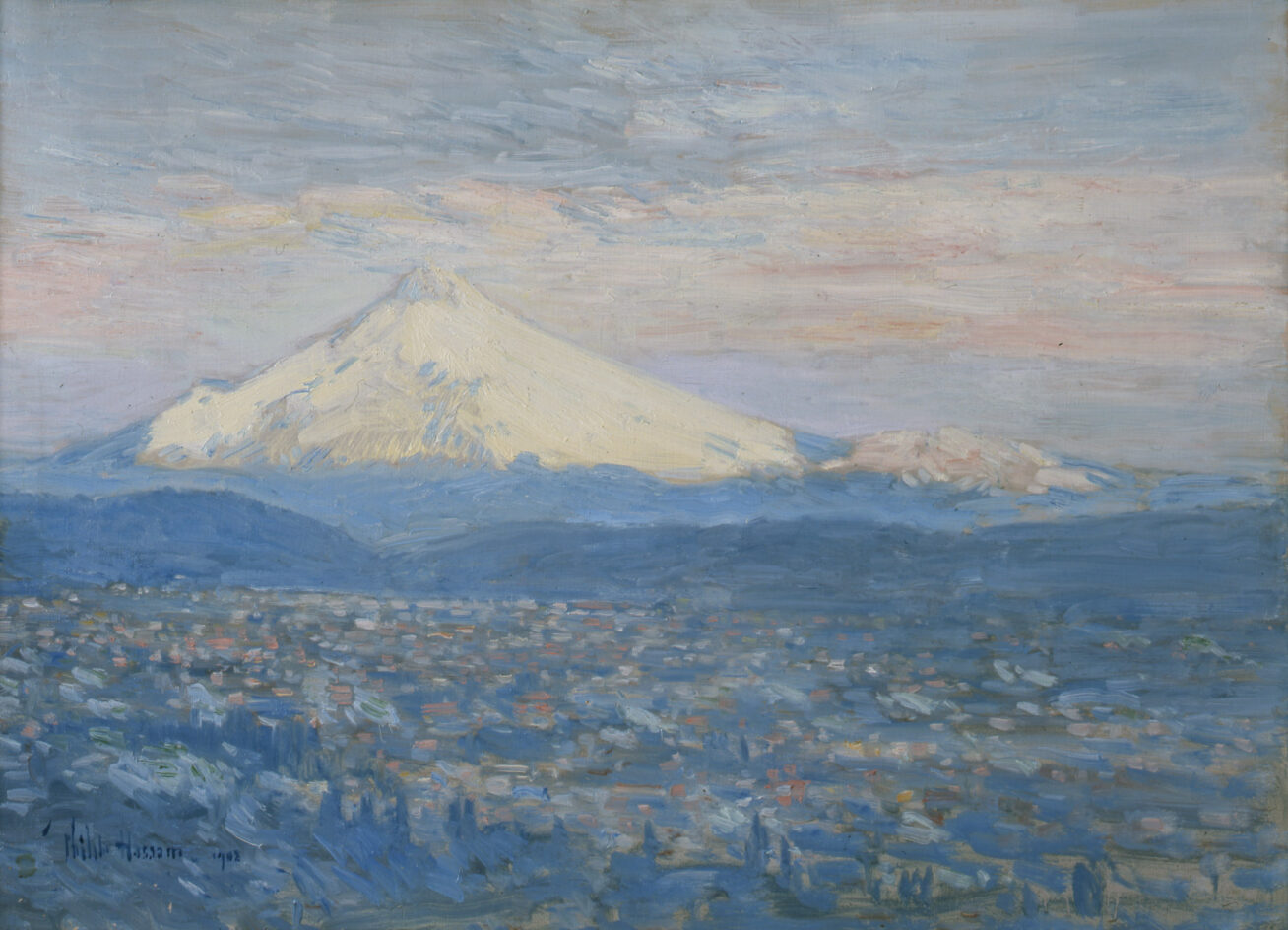 Painting in pastel colors of Mount Hood with the city of Portland, Oregon in the foreground.