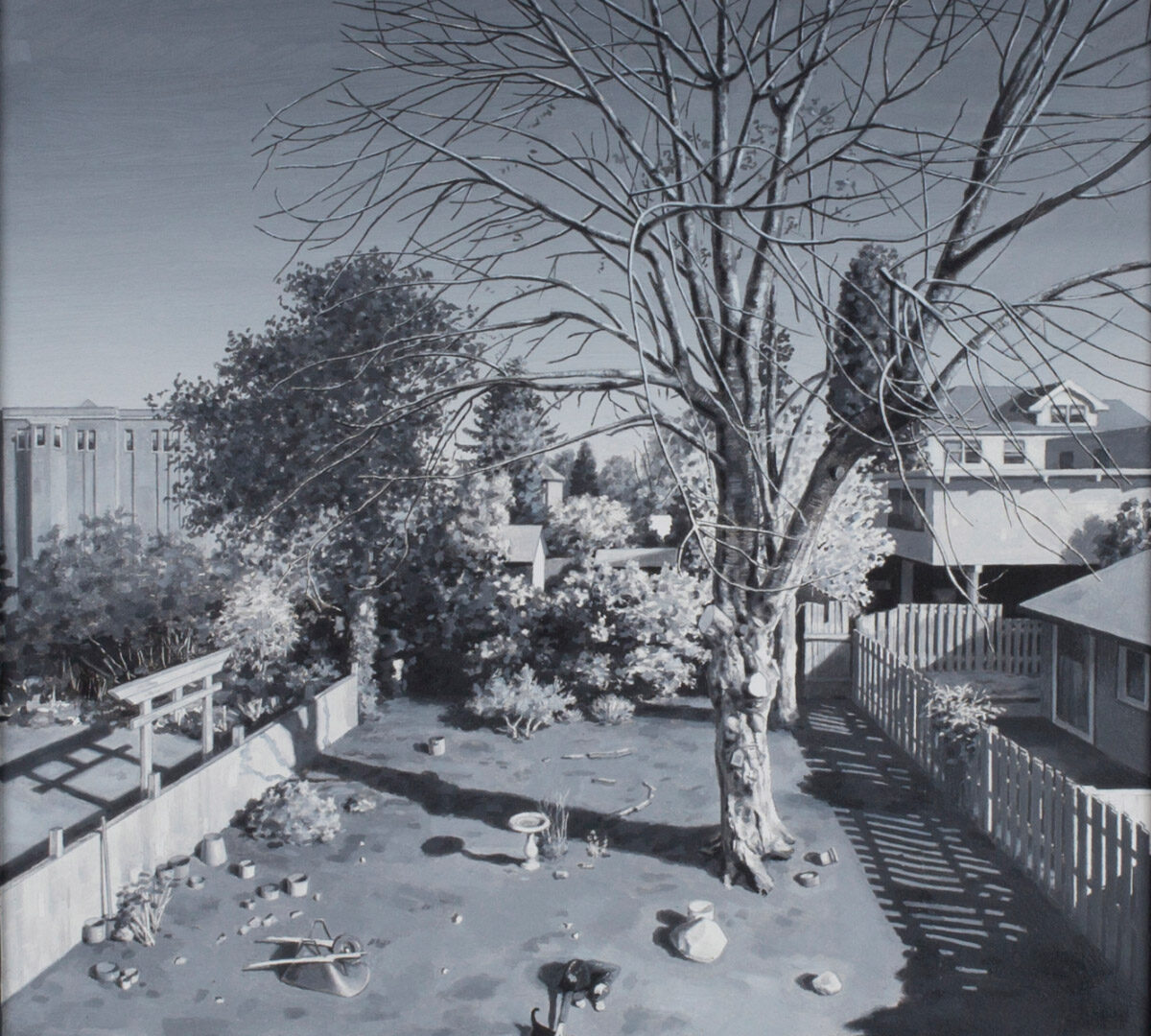 Black, white, and grey painting of a fenced-in backyard scene with a large tree, a person petting a cat, an upside-down wheelbarrow