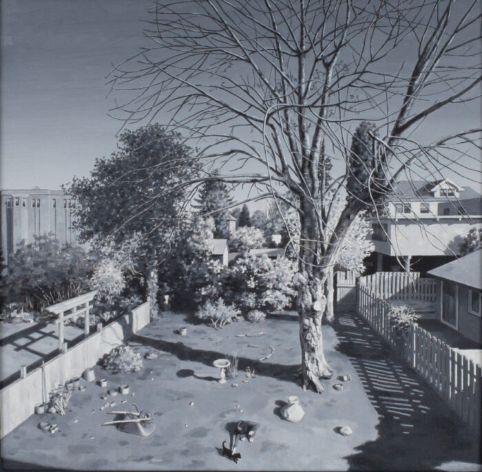 Black, white, and grey painting of a fenced-in backyard scene with a large tree, a person petting a cat, an upside-down wheelbarrow