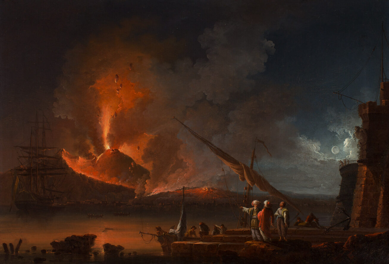Oil painting of a volcano erupting witnessed by people on a nearby dock and ship.