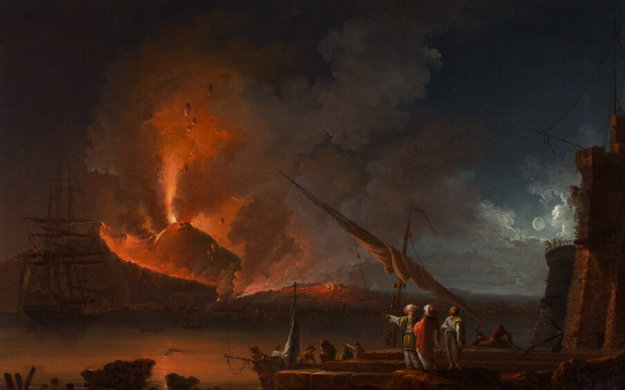Oil painting of a volcano erupting witnessed by people on a nearby dock and ship.
