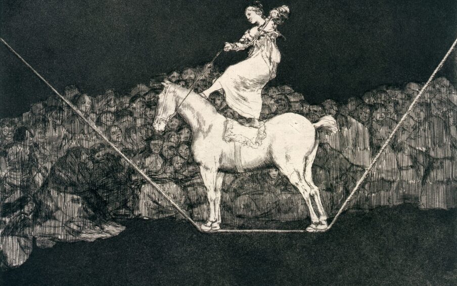 Etching and aquatint of a person balancing on a horse upon a tightrope.