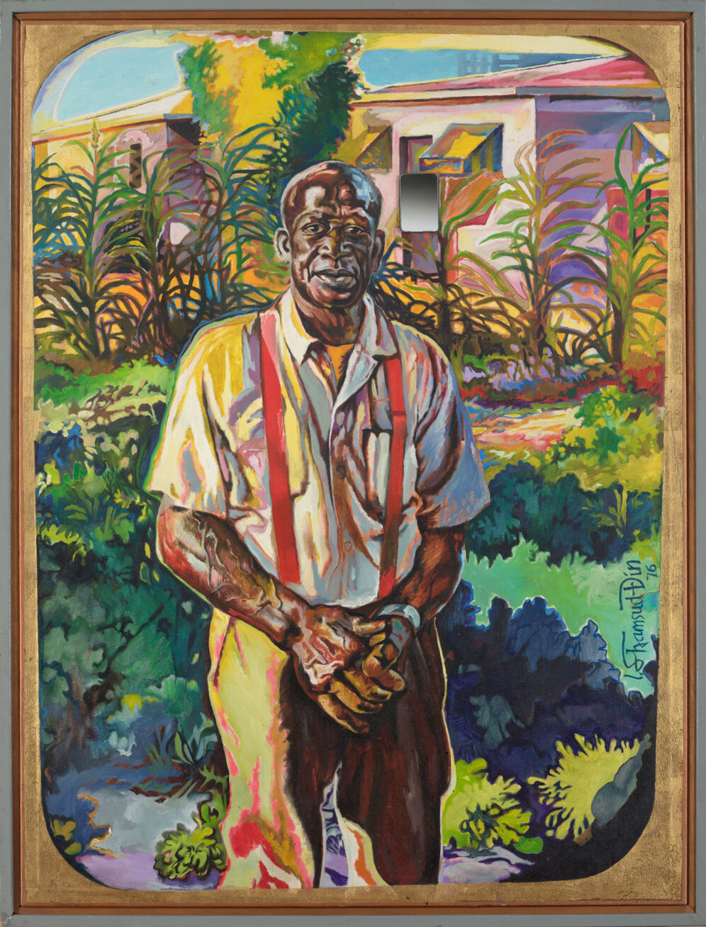 Painting of an older black man in overalls and a short-sleeved white button down shirt with his hands clasped in front of him. Behind him are plants and a garden and a pink building behind the garden.