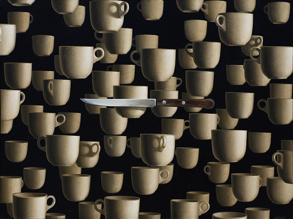 Painting of white coffee cups floating against a black background with a wooden handled kitchen knife floating in the foreground