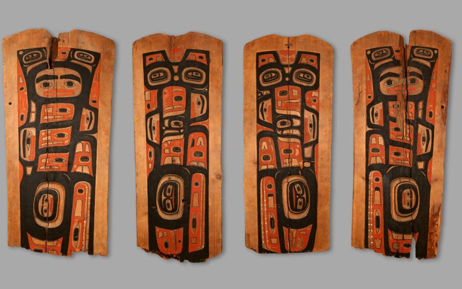 Four painted wood panels with shell inlay.