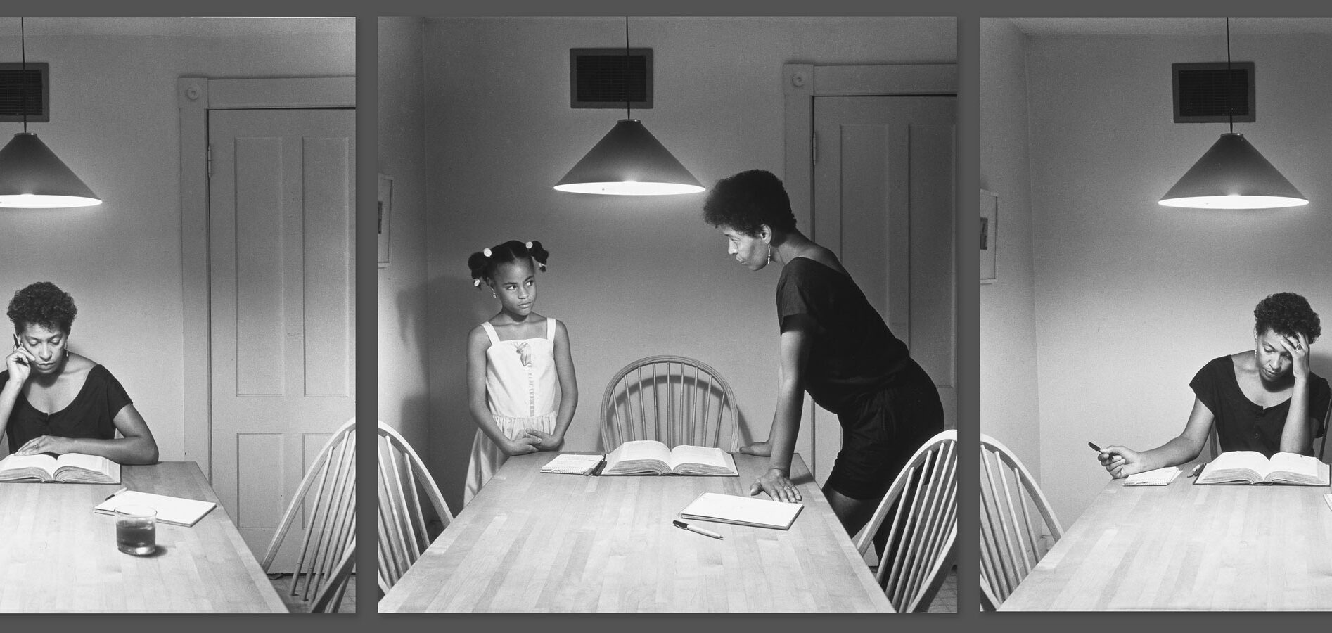 Black and white triptych with a black woman and young black girl at a kitchen table