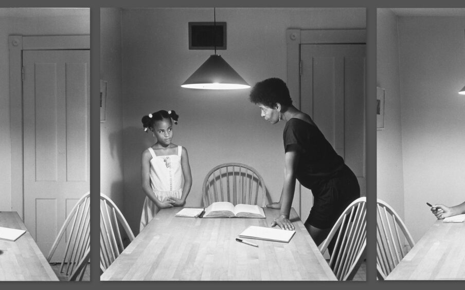 Black and white triptych with a black woman and young black girl at a kitchen table