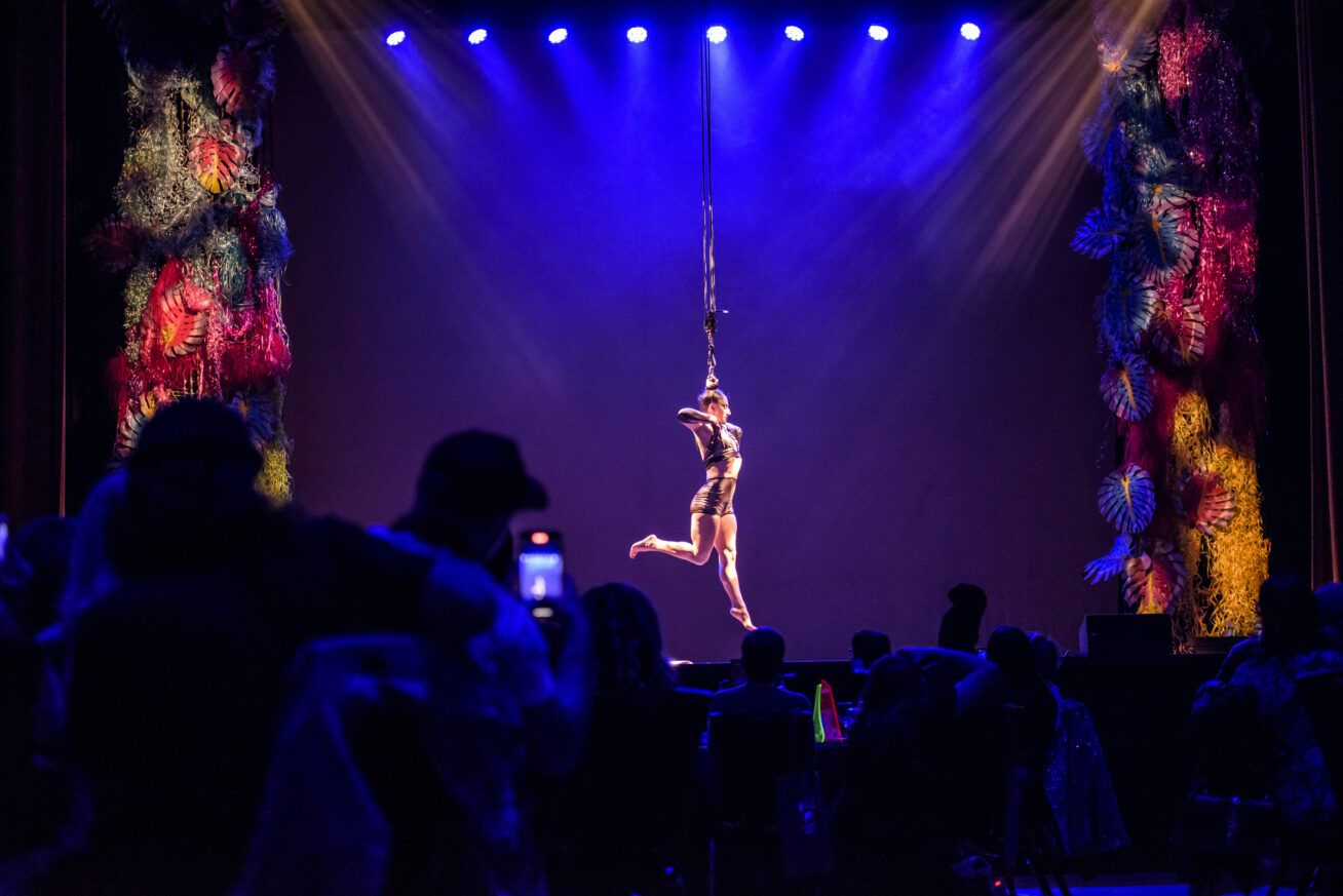 Acrobat performer hanging from their ponytail on stage with dramatic lighting.