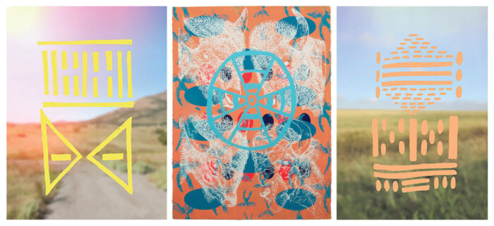 A triptych of two blurred landscape photos (left and right) with an illustration in the middle with drawings over them