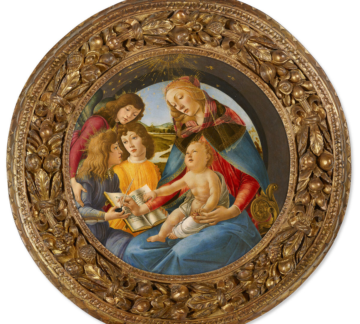 Painting of Madonna and Jesus surrounded by angels in an ornate gold frame