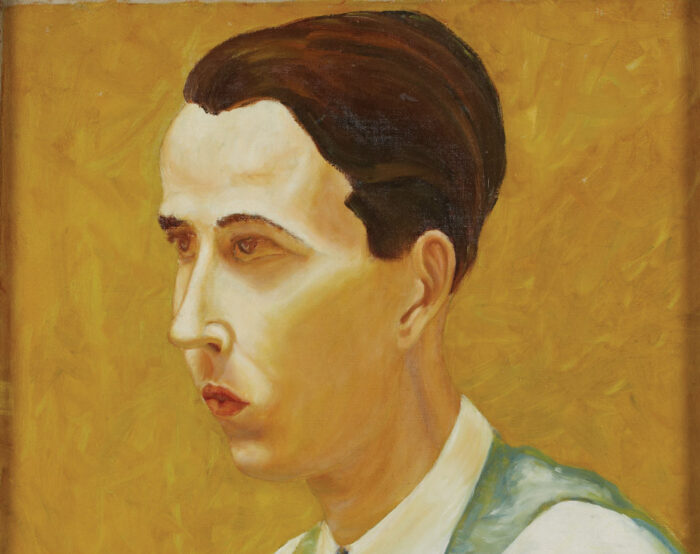 Painting of a man with reddish-brown hair, a white shirt, and green sweater vest, looking sideways against a gold background