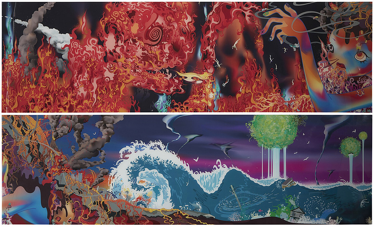 A two part painting with fire, smoke, falling bodies, and a huge woman on the top, and waves, smoke, and houses floating in the water on the bottom.