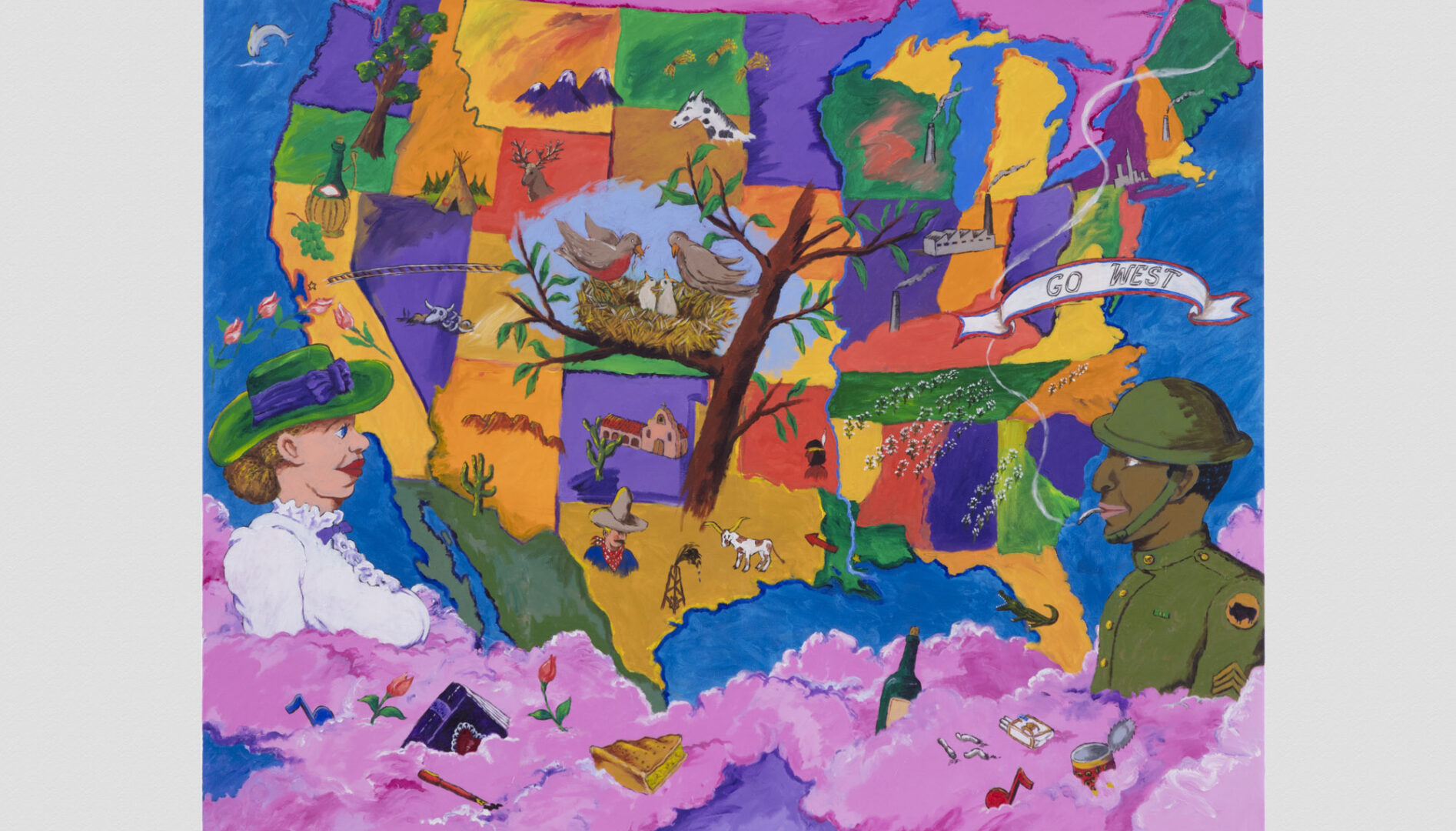 Painting of the map of the United States with pink clouds surrounding and a white woman at the lower left and a Black soldier at the lower right