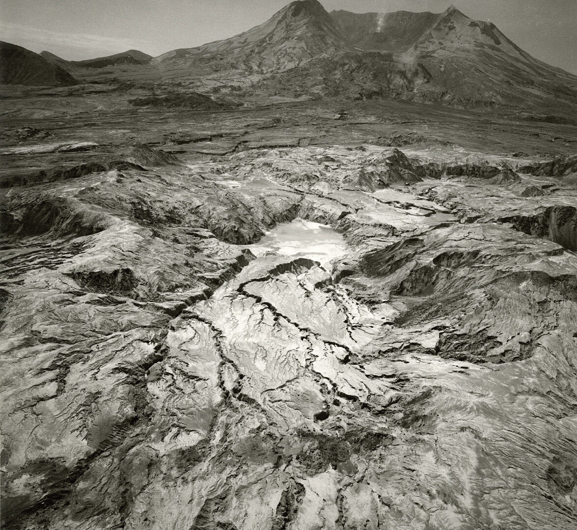 Black and white photo of lava flow from Mount Saint Helens