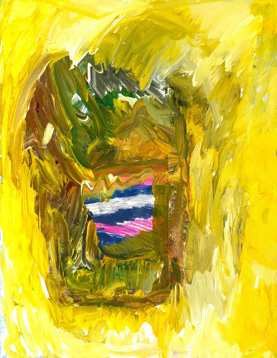 Abstract yellow painting of a face with an open mouth and bright yellow brushstrokes around the face