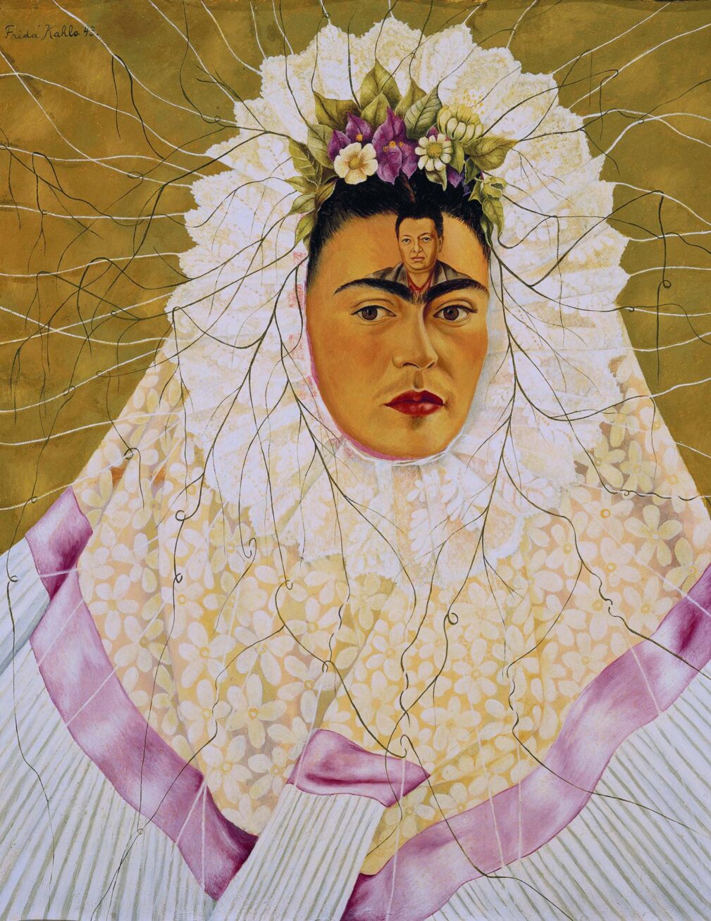 Painting of Frida Kahlo with a white veil and purple and white flowers framing her face and a small image of Diego Rivera on her forehead