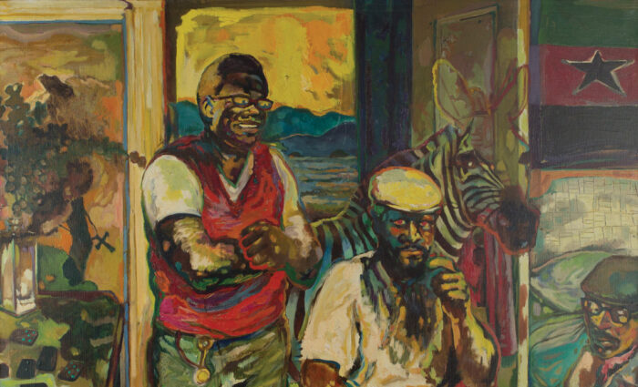 Painting of three black men—lefthand man is standing and smiling, wearing eyeglasses, a white t-shirt, a red sweater vest, and green pants, with a pocket watch hanging from his waist; the middle man is sitting and looking at the viewer. He's wearing a white hat, a white collared shirt, and striped pants. The man on the right is wearing a green hat and eyeglasses and looking down at a book. Behind them is a zebra and a landscape scene.