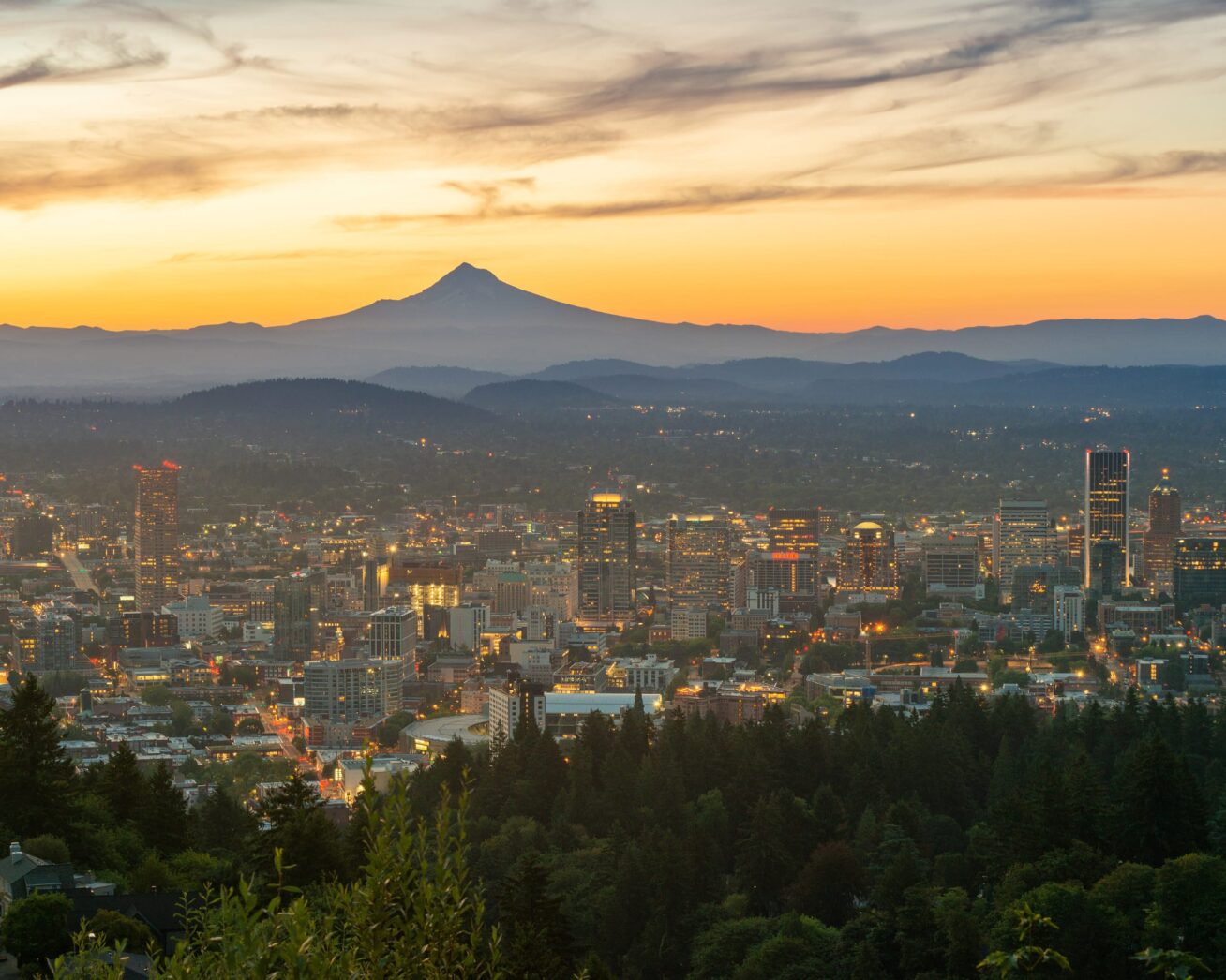 Sunset of downtown Portland with Mt. Hood in the background.