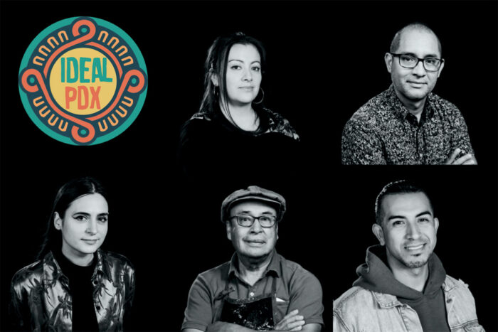 Grid of black and white portraits of five artists with the IDEAL PDX logo in the upper left corner
