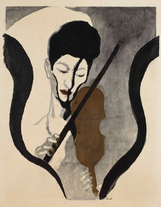 Illustration of a woman playing a violin, with cascades of black curves to either side of her