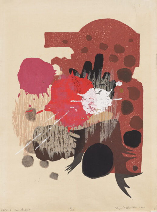 An abstract print with various shades of red and brown circles and amorphous shapes on an off-white background