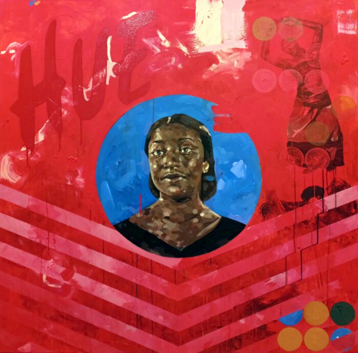 Painting with an image of a black woman with her head titled upwards and her hair pulled back in the center surrounded by a blue circle. Surrounding the woman's image are red paint, the word "HUE" in the top left corner and 6 circles of different colors in the lower right corner. Below her image are a series of chevrons pointed downward.