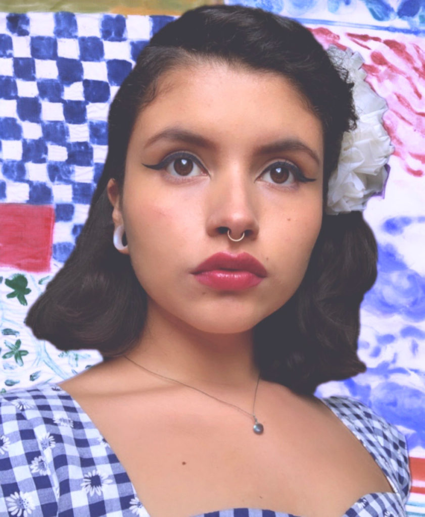 Portrait of a woman with long brown hair pulled back on one side by a flower. She had a septum ring and a background that matches her blue and white checkered top.