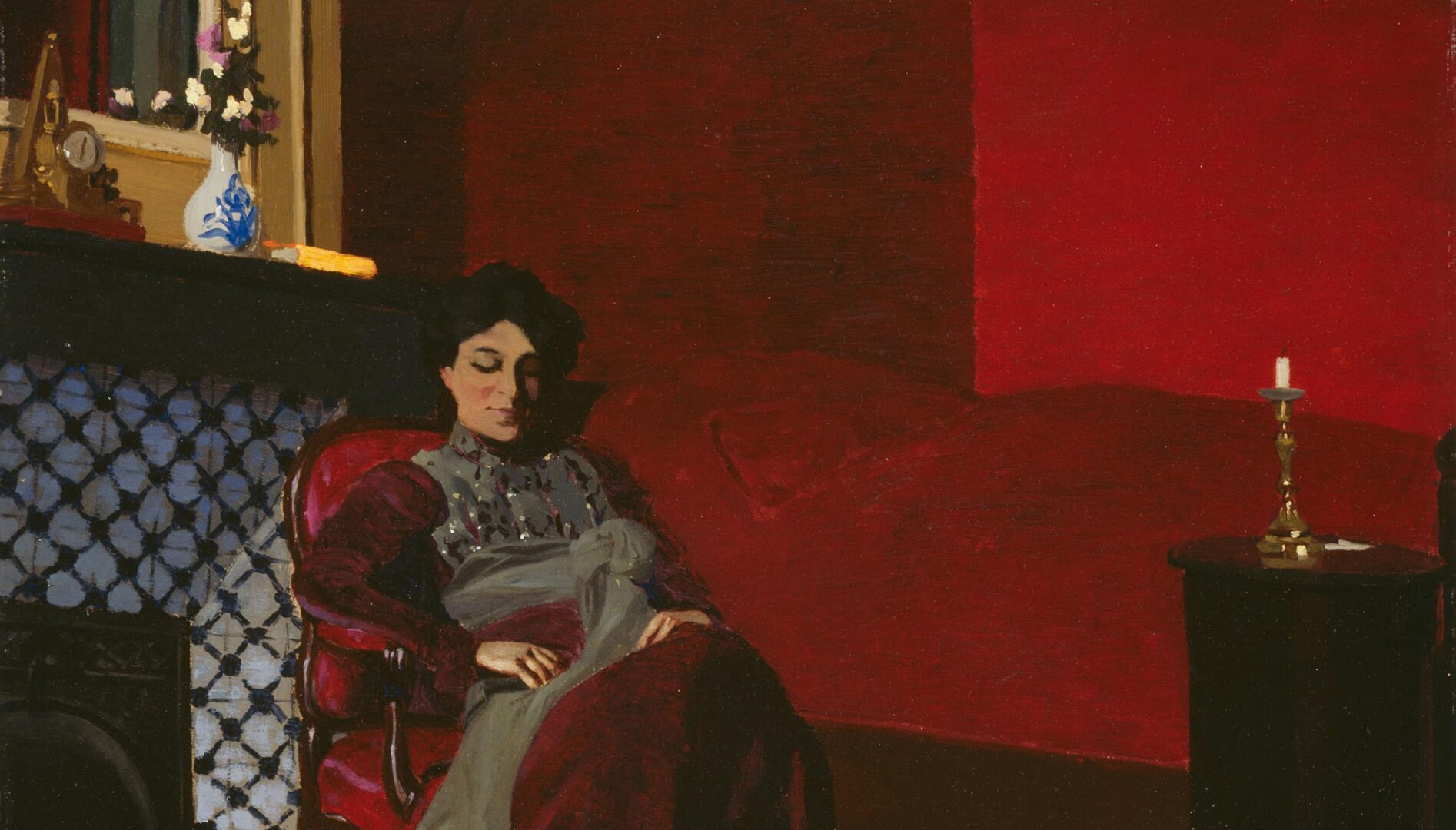 Painting of a woman in a red and grey dress sitting in a red chair in a red living room, looking down at a baby in a pink dress