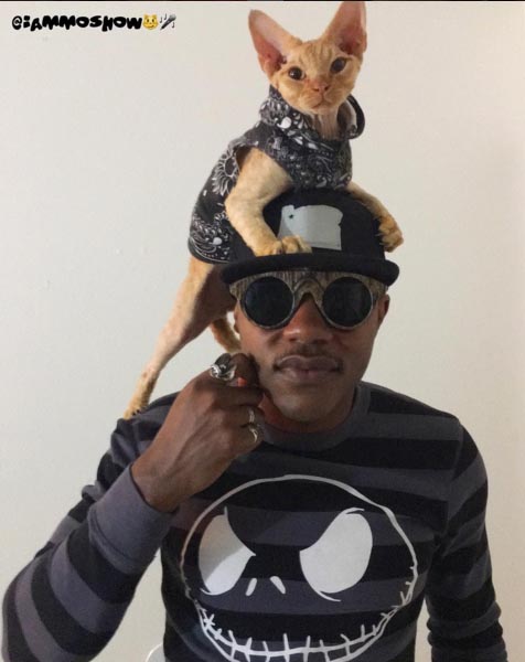 A Black man wearing sunglasses and a Jack Skellington shirt, with a black baseball hat and a cat on his head