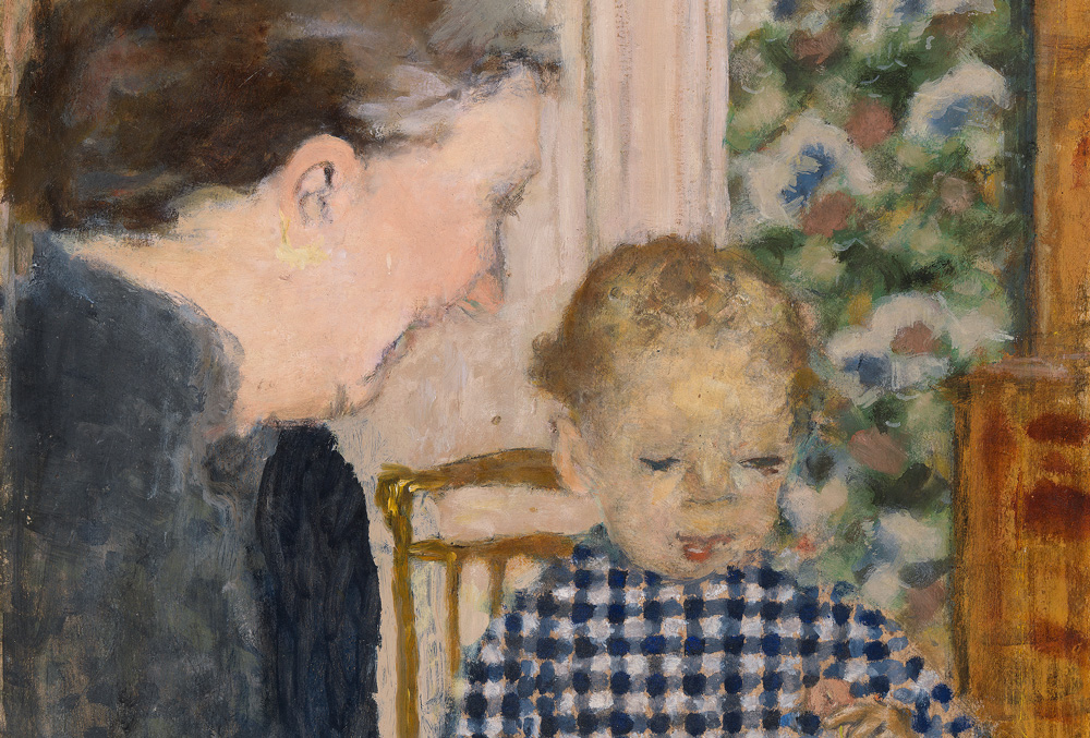 A painting of an older woman sitting at a table, smiling at a blonde child