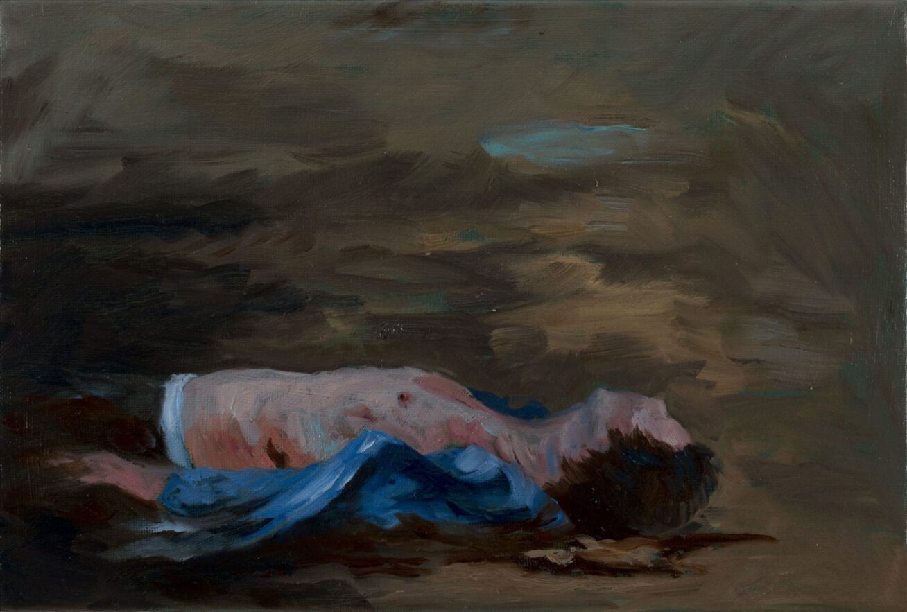 A horizontal oil painting of a faceless pale skinned man in a supine position in a textured field of browns. The stye of the painting is gestural and brush strokes and swaths of color dominate. The man is in the lower third of the painting and his lower half extends off the left of the canvas. He is wearing dark brown pants, with a white underwear line exposed at the waist. He has on a long-sleeved blue shirt that is fully unbuttoned leaving his neck, chest, and stomach fully exposed. His is painted in profile, and his left arm is sleeved with his peach colored hand exposed. He has textured dark reddish brown hair, and his face is slightly angled away from the viewer. His facial features are not distinguishable, just the familiar structure can be seen. The body is the only representation of the painting, the rest is tan, gold, dark brown and pale blue brushstrokes. The darkest of the marks around the man, especially concentrated near his legs and beneath him. The brush marks are very strong creating dimension in the background.
