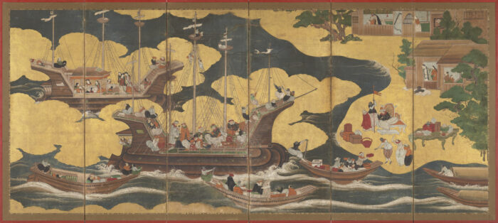 Six panel painting of ships on water with passengers and goods. At the edges are gold-leaf land where people are sitting, standing, and accepting goods from the ships. At the top right corner are wooden houses with people inside.