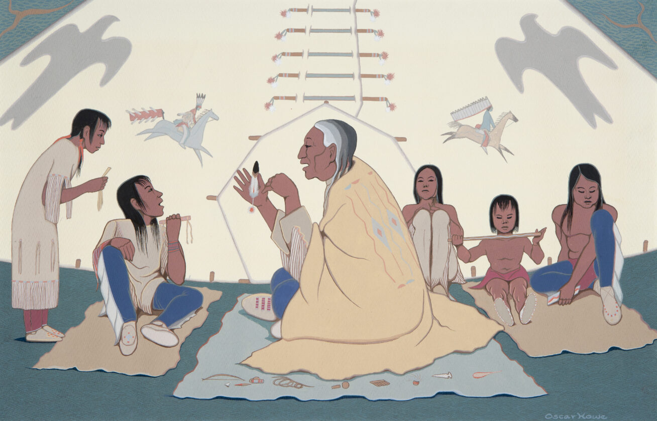 Painting of a Native elder talking to a group of Native children sitting around a blanket