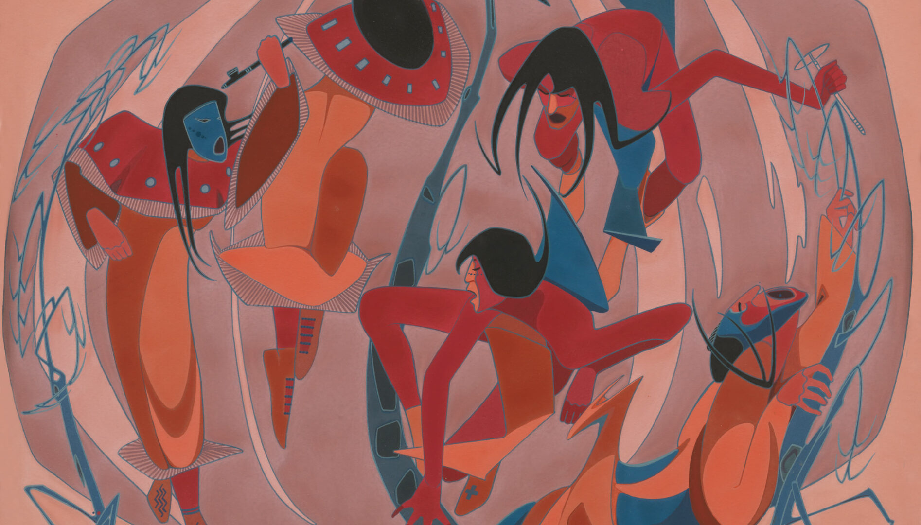 Abstract painting of five native dancers