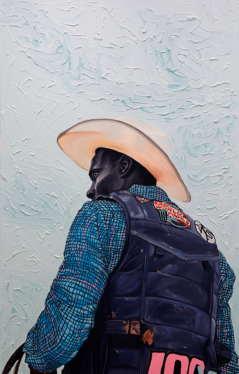 Painting of a Black cowboy facing away from the viewer with his face half turned towards the front. He's wearing a cowboy hat, a blue shirt, and a vest. The painting background is light blue.