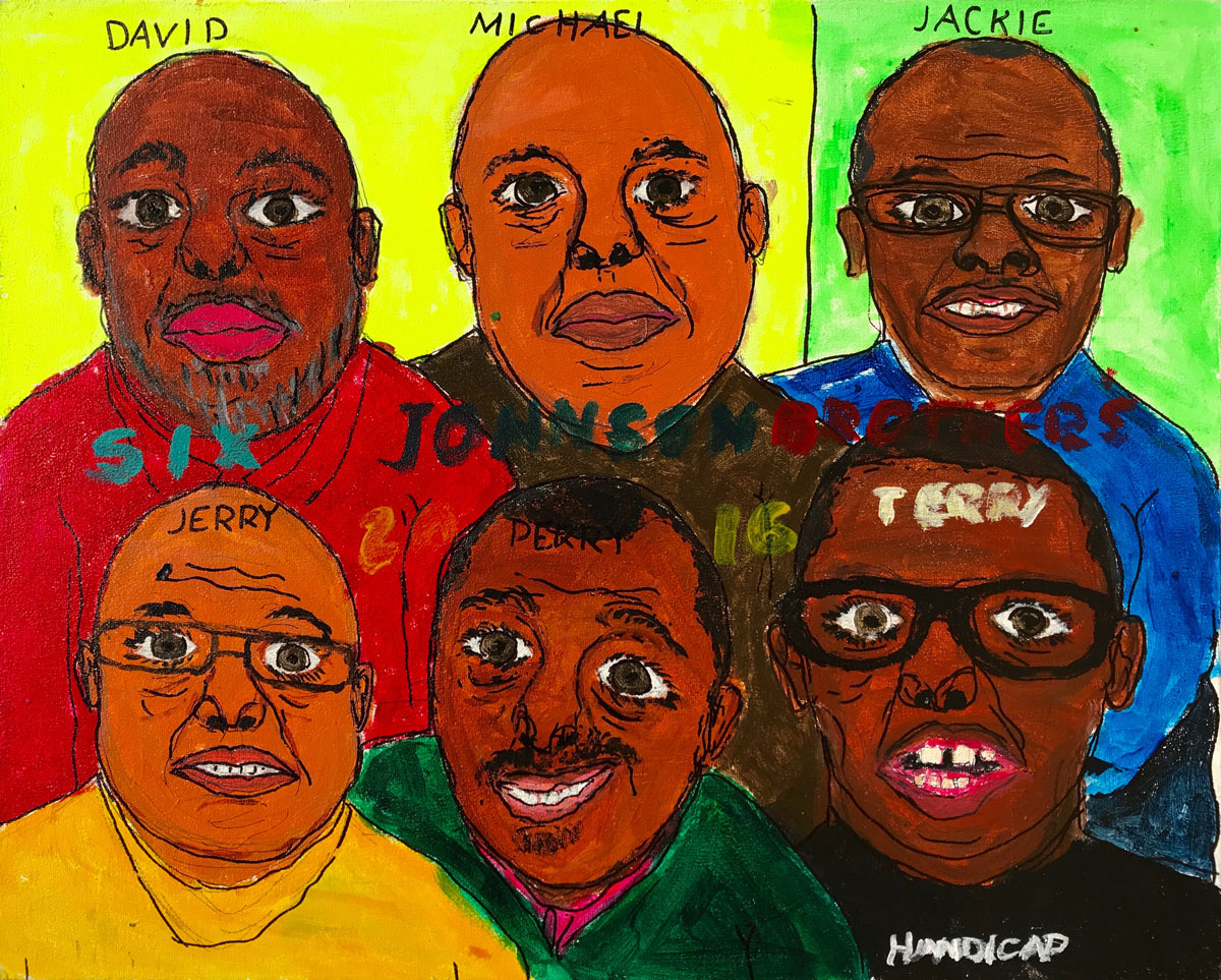 Painting of six Black men, in two rows of three with the names (from top left to bottom right): David, Michael, Jackie, Jerry, Perry, Terry. Across the middle are the words "Six Johnson Brothers" and at the bottom right is the word "handicap".