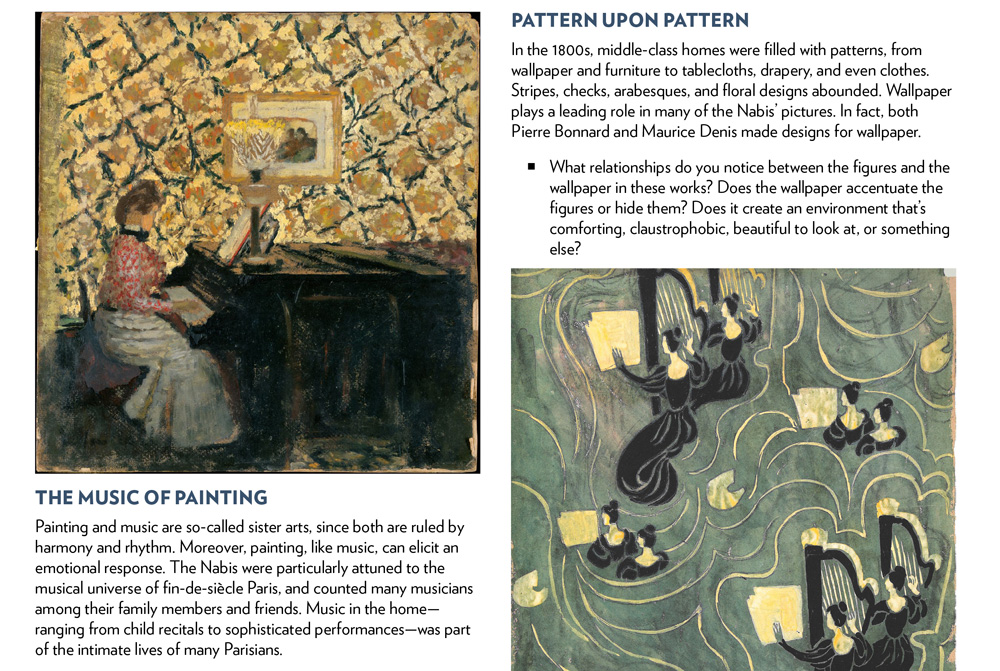 Page from the Private Lives activity guide, showing a painting of a woman at a piano and a painting of people reading music and playing harps
