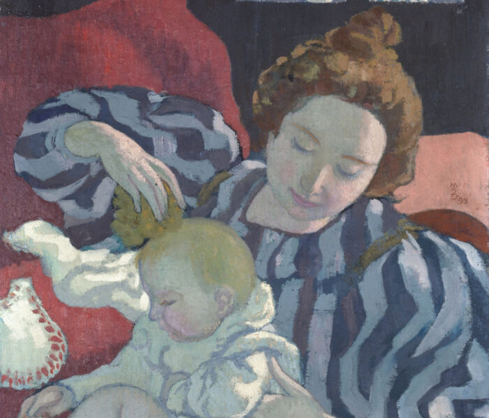 Painting of a woman with red hair up in a bun and wearing a blue and white striped dress, washing a baby in a white gown